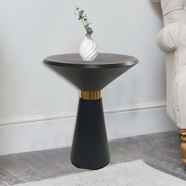 Benjara 18 in. Black and Brass Round Wood End/Side Table with Metal Frame