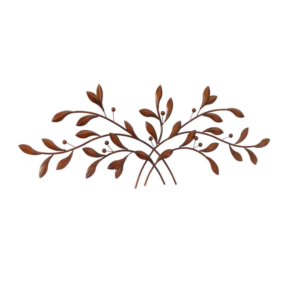 Brown Metal Leaf Branch Wall Sculpture with Brushed Finish
