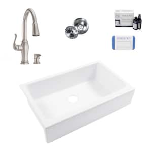 Grace 34 in. Quick-Fit Farmhouse Apron Front Undermount Single Bowl White Fireclay Kitchen Sink with Maren Faucet Kit