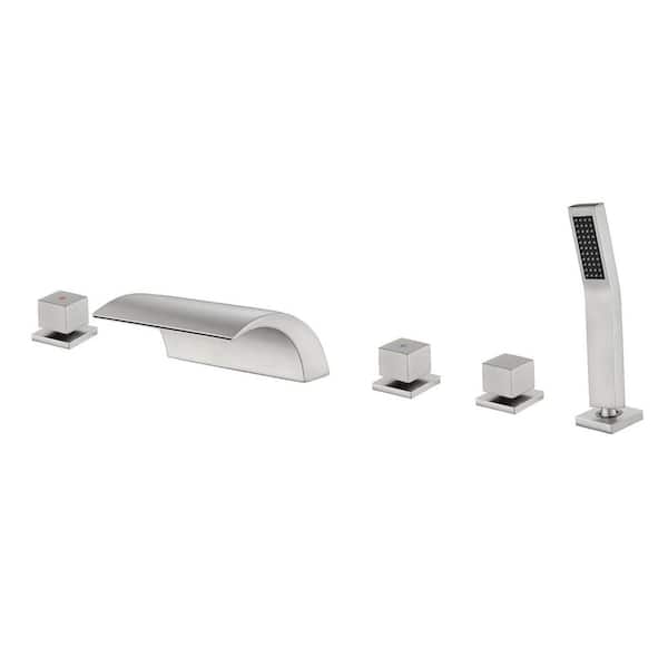 3-Handle Deck-Mount Waterfall Roman Tub Faucet with Hand Shower in Brushed Nickel