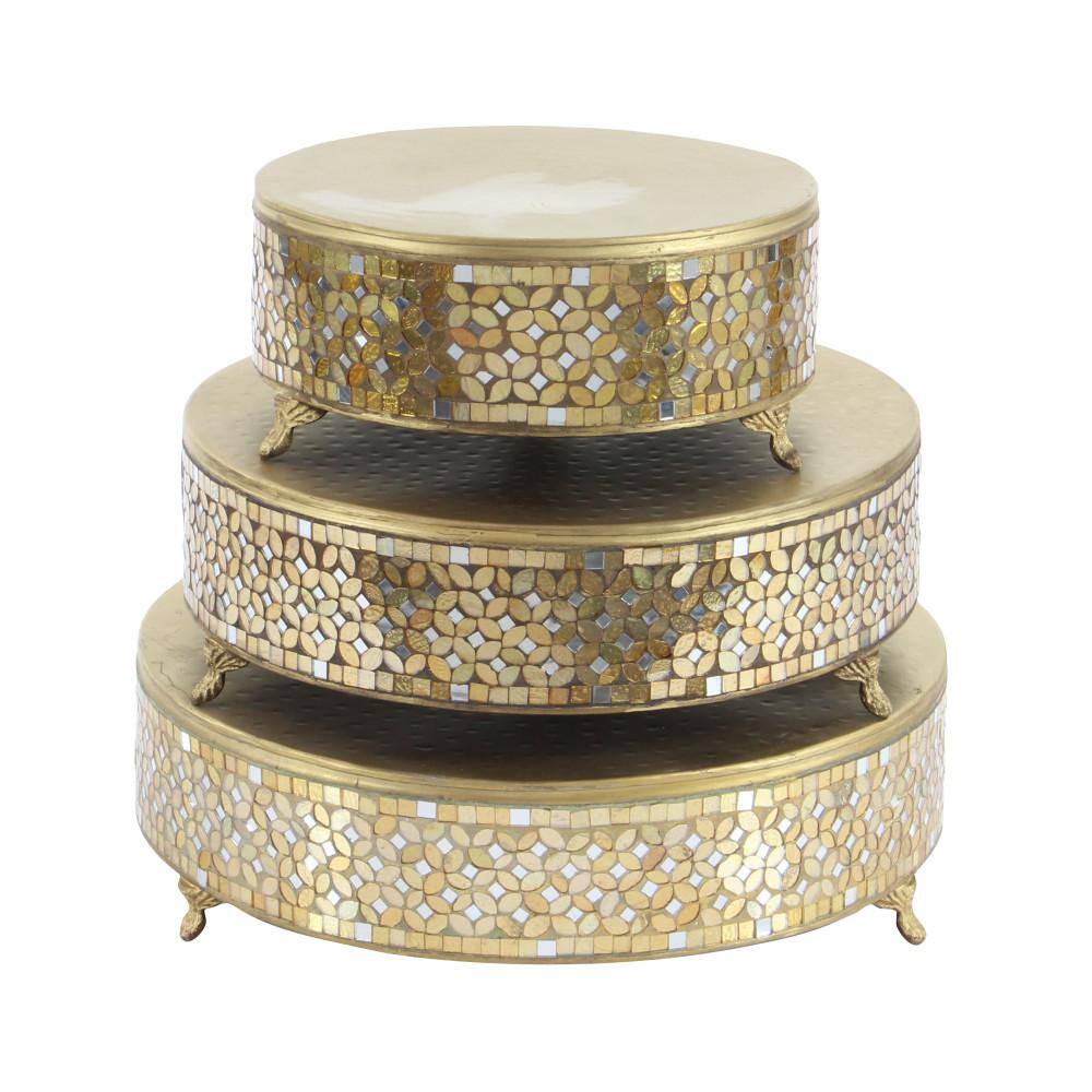 Gold Mosaic Patterned Glass and Metal Cake Stand Set of 3