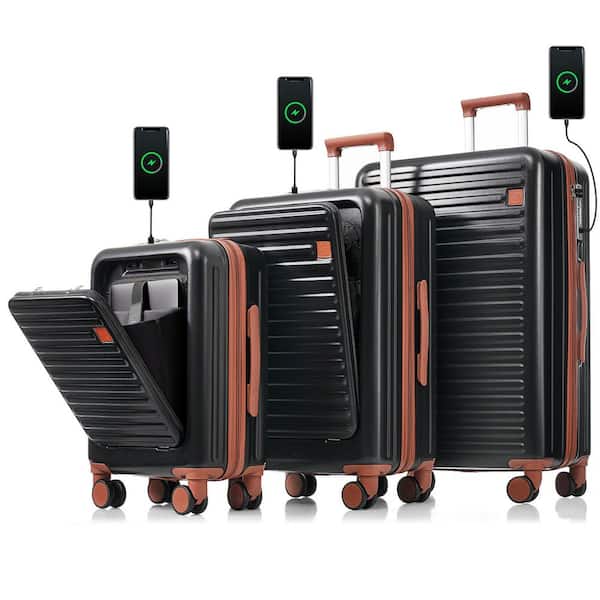 3-Piece Black and Brown 20 in.24 in.28 in. ABS Hardshell Spinner Luggage Set USB Ports, Cup Holders,Front Opening Design