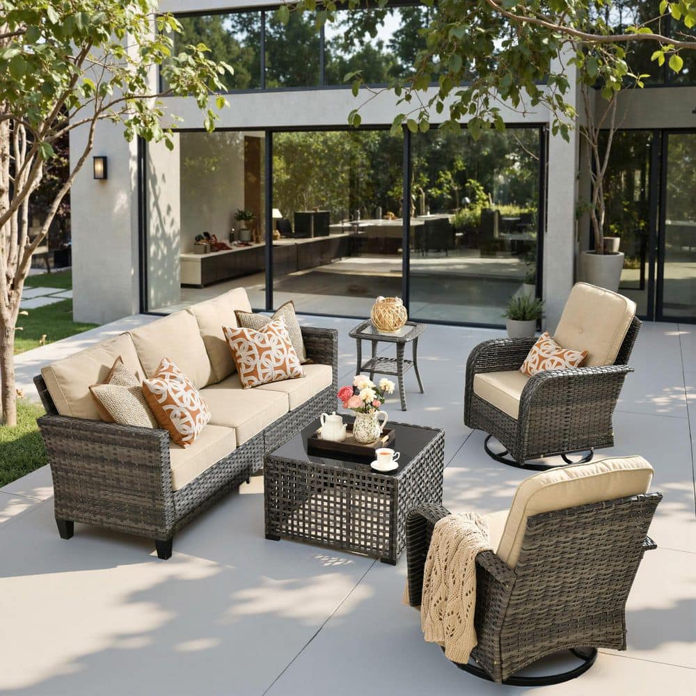 Iridescent 5 Pieces Wicker Outdoor Patio and Swivel Rocking Chairs with Beige Cushions price history on PriceWatchPro