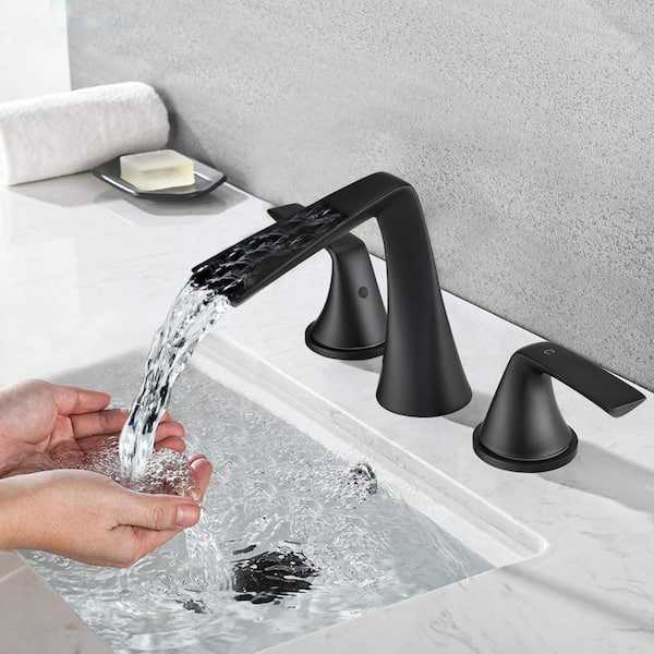 FORCLOVER 2 Handle 3 Hole Widespread Waterfall Bath Sink Lavatory Bathroom Faucet with Supply Lines Hose in Matte Black