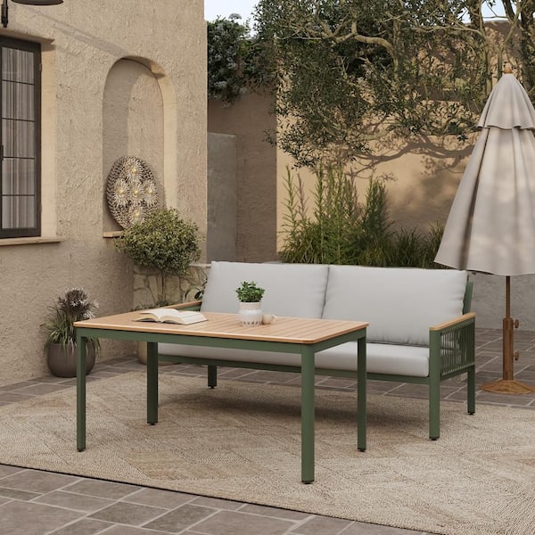 28.9 in. Green and Brown Outdoor Rectangle Wood Coffee Table Set with Loveseat and Cushions