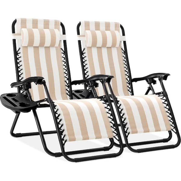 ITOPFOX Tan Striped Adjustable Steel Mesh Zero Gravity Lounge Chair Recliners with Pillows and Cup Holder Trays, Set Of 2