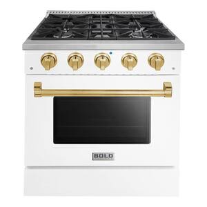 BOLD 30 in. 4.2 Cu. Ft. 4 Burner Freestanding All Gas Range with Gas Stove and Gas Oven, White with Brass Trim