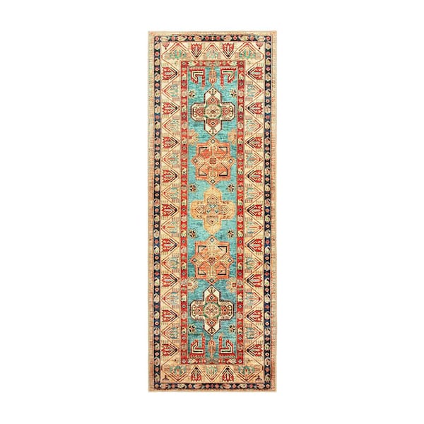 My Magic Carpet Ottoman Turquoise Medallion Washable 2.5 ft. x 7 ft. Runner Rug