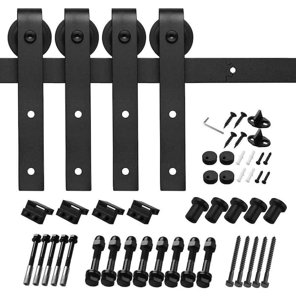 Boyel Living 8 ft./96 in. Black Steel Sliding Barn Door Track and Hardware Kit for Double Doors with Floor Guides (J-Shape Hanger)