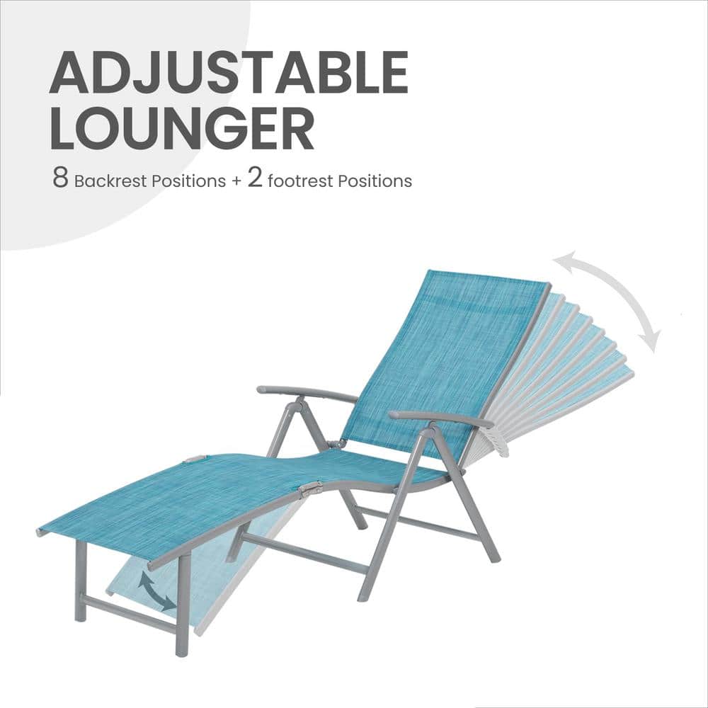 Blue Aluminum 2-Person Folding Chaise Lounge Set with Table