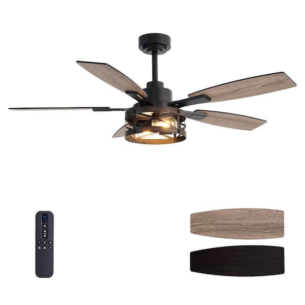 52 in. Indoor Black Layered Caged Downrod Ceiling Fan with Light Kit, Five Reversible Blades and Remote Included