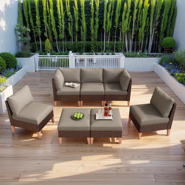 Pocassy Modular Sofa Collection - 7 Piece Brown Wicker Outdoor Conversation Set Sectional with CushionGuard Gray Cushions