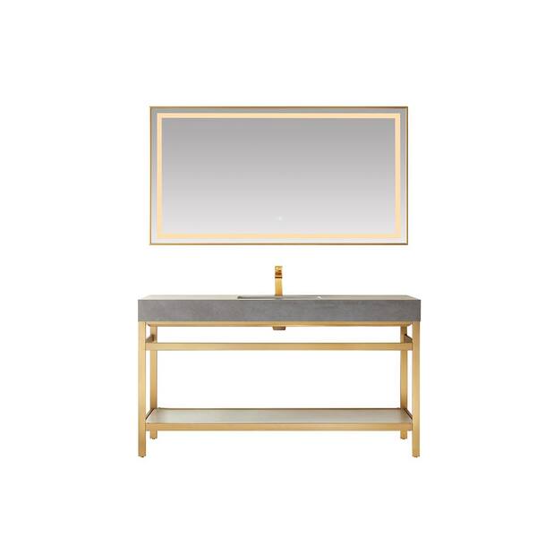 ROSWELL Funes 60 in. W x 22 in. D x 34 in. H Single Sink Bath Vanity in Brushed Gold with Grey Natural Stone Top and Mirror
