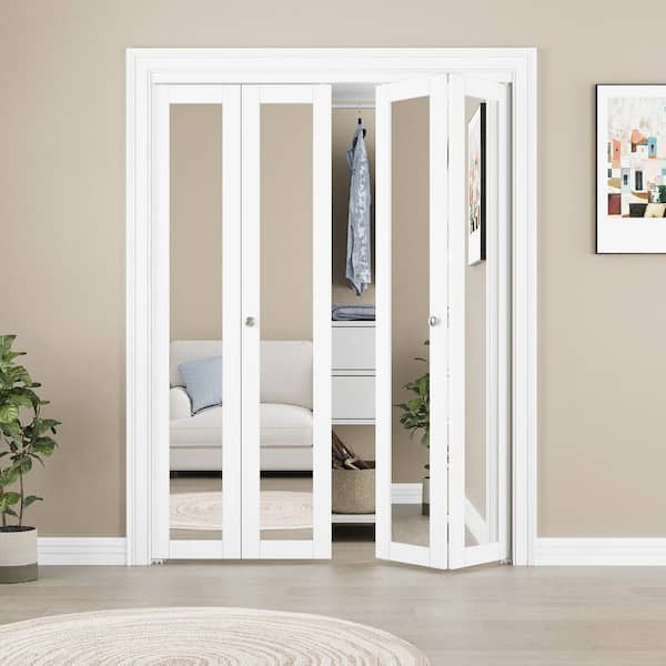 64 in. x 80 in. 1-Lite Mirrored Glass Solid Core White Primed MDF Closet Bi-Fold Door with Hardware Kit