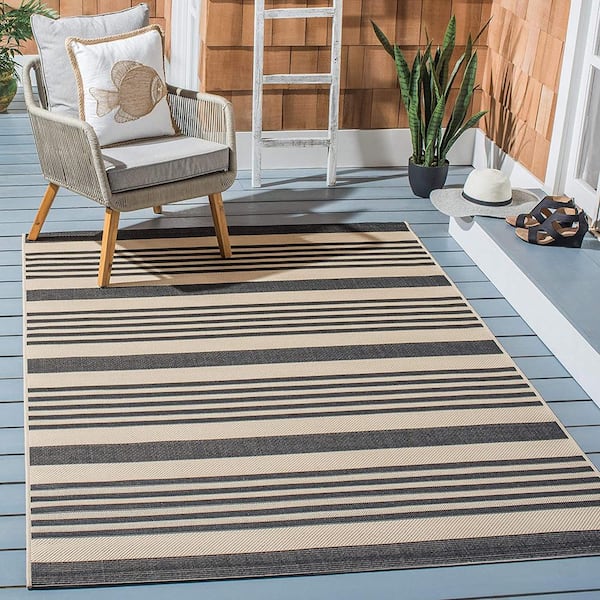 Black 8 ft. x 10 ft. Striped Polypropylene Indoor/Outdoor Area Rug