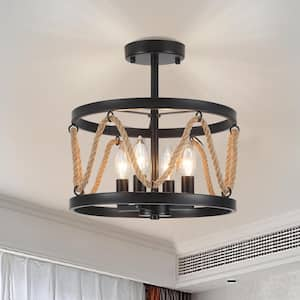 12.6 in. 4-Light Black Drum Metal Hemp Rope Candlestick Semi- Flush Mount Light with No Bulbs Included