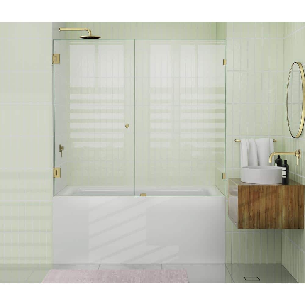 Satin Brass Frameless Glass Bathtub Shower Door, 58.25" x 62.5"