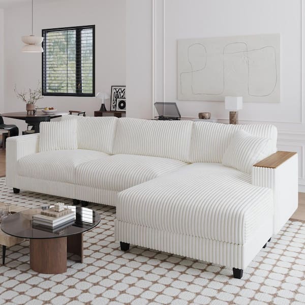 Kim 114.56 in. Corduroy Upholstery L-Shaped Sectional Sofa in. White with Hidden Storage, Reversible Chaise, Pillows
