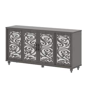 Gray Wood 63 in. W Distressed Paint Finish Buffets and Sideboards Food Pantry With Hollow Out Carved Sliding Doors