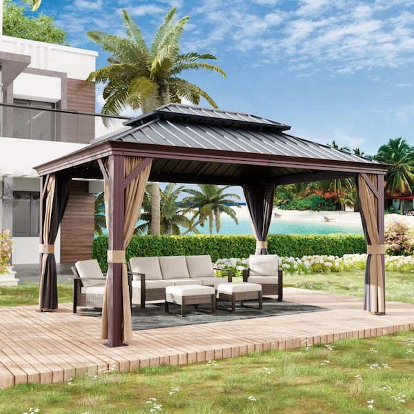 10 ft. x 14 ft. Outdoor Gazebo with Double Galvanized Steel Roof, Ceiling Hook, Yellow Mosquito Netting and Curtains