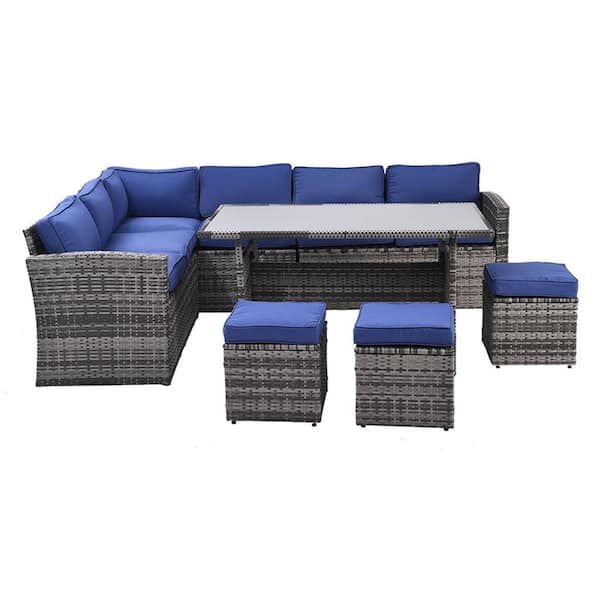 Sudzendf 7-Piece PE Rattan Wicker Patio Outdoor Dining Sectional Sofa Set with Blue Cushions