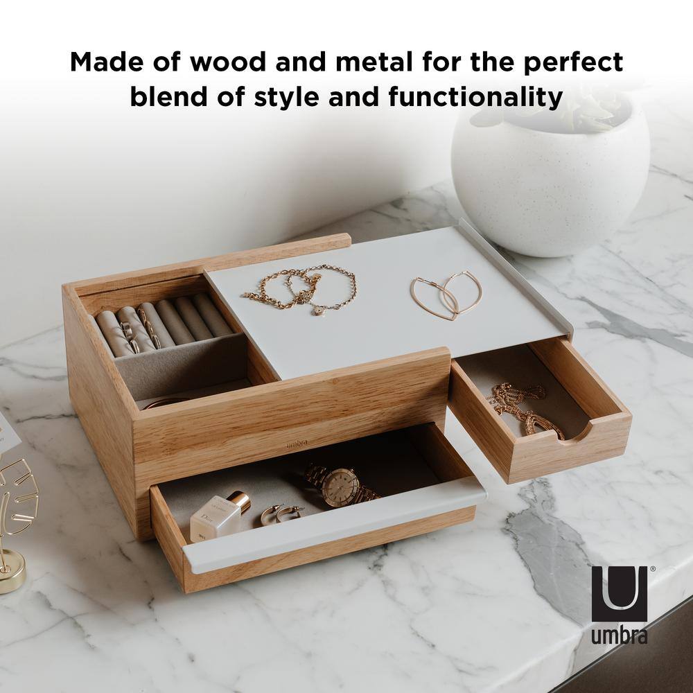 White and Natural Wood Jewelry Box with Linen Pads