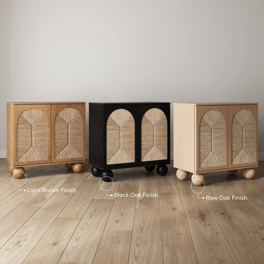 Black Boho Storage Cabinet with Seagrass Doors and Solid Wood Legs