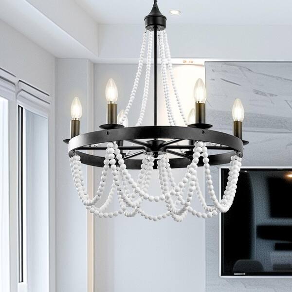 エコフロー Emeritpro Boho 6-Light Black Rattan Tiered Round Chandelier