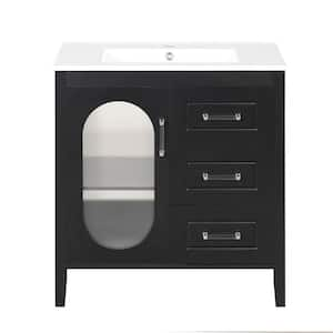 18.3in. W x 30in. D x 33in. H 1 Sink Freestanding Bath Vanity in Black with White Ceramic Top and 1-Glass Door/2-Drawers