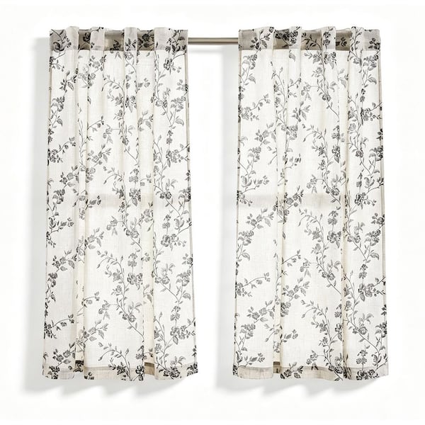 Black Linen Floral 38 in. W x 45 in. L Back Tab Light Filtering Curtain (Set of 2)
