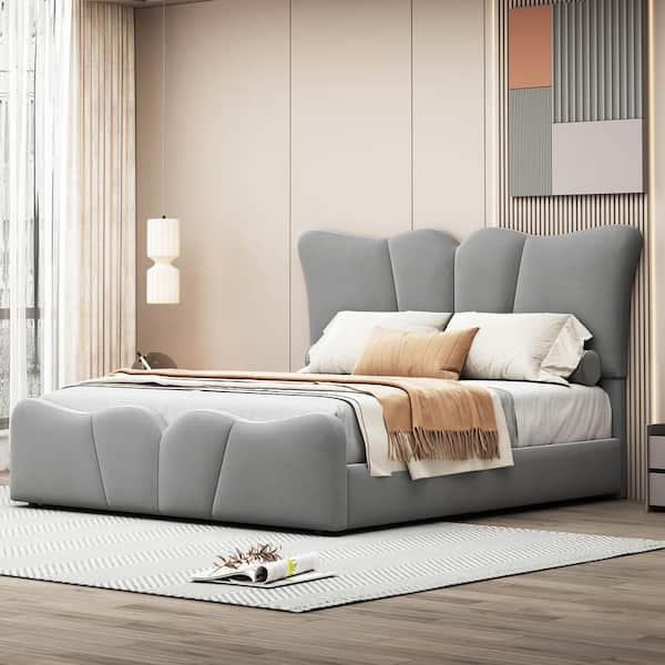 Gray Wood Frame Full Size Velvet Upholstered Platform Bed
