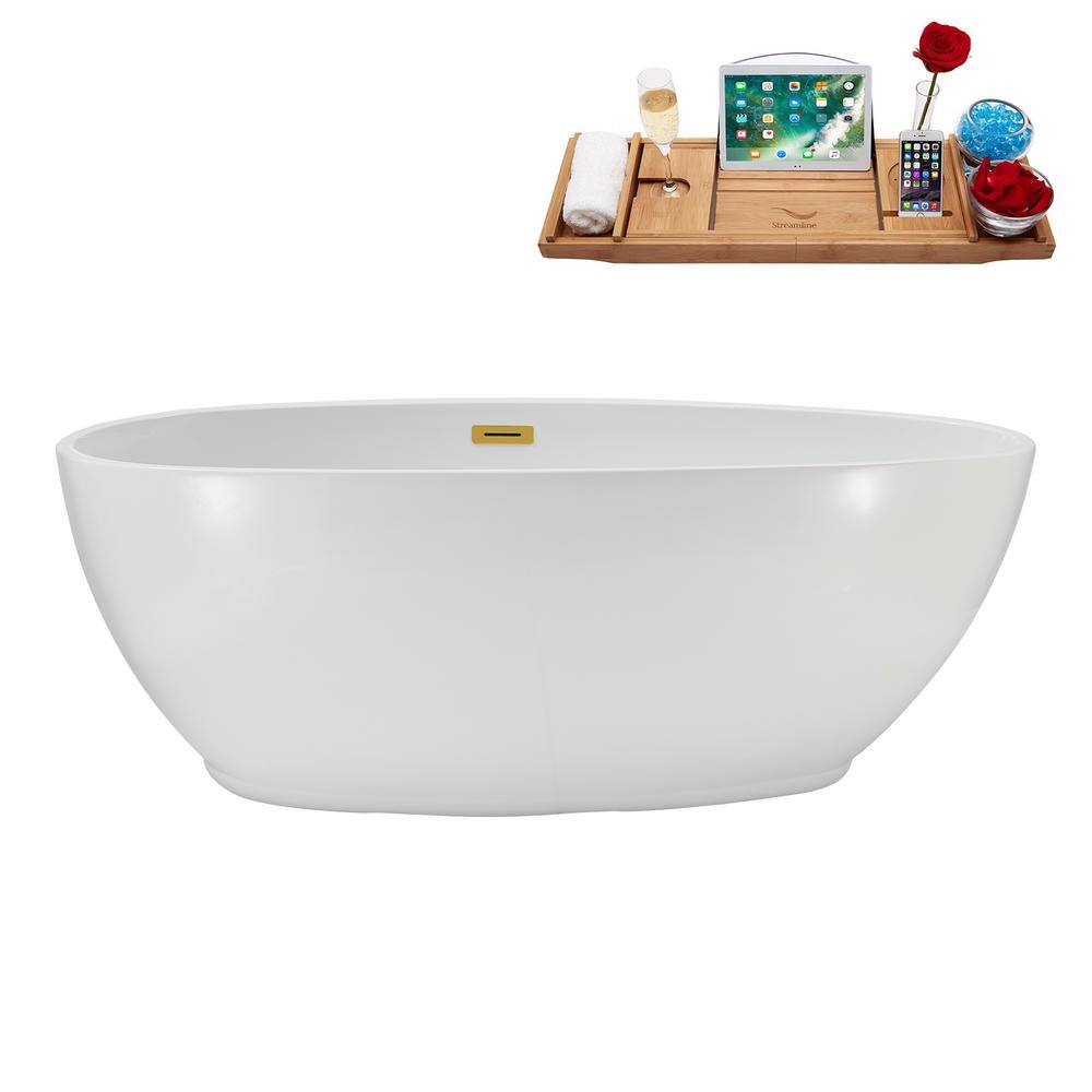 67" Glossy White Acrylic Freestanding Soaking Bathtub with Polished Gold Trim