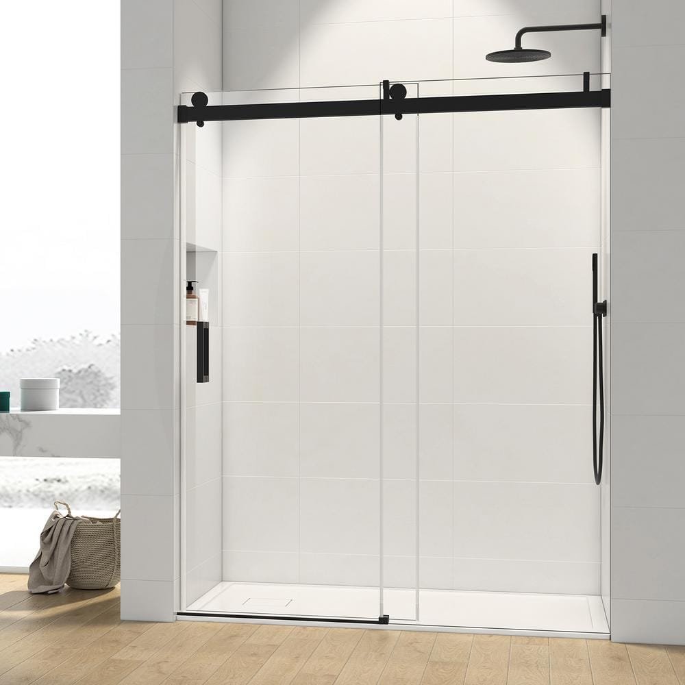 60'' Matte Black Frameless Sliding Shower Door with Clear Glass