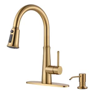 Single Handle Pull Down Sprayer Kitchen Faucet with Soap Dispenser in Gold
