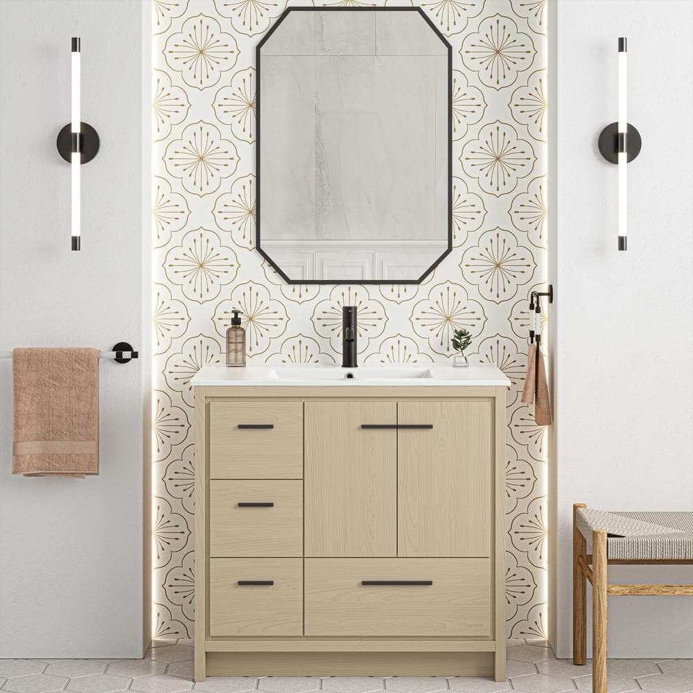 Virage 36" Light Oak MDF Freestanding Bathroom Vanity with Ceramic Top