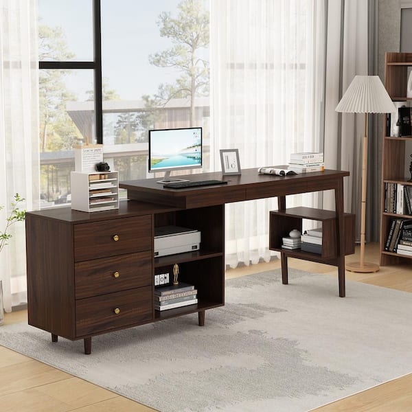 FUFU&GAGA 55.1 in. Width L-shaped Brown Wooden 3-Drawer Commercial Desk, Computer Desk, Writing Desk with Shelves Storage