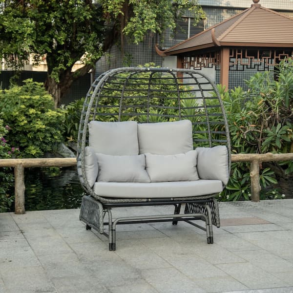 2-Person Wicker Patio Swing Egg Chair with Gray Cushions