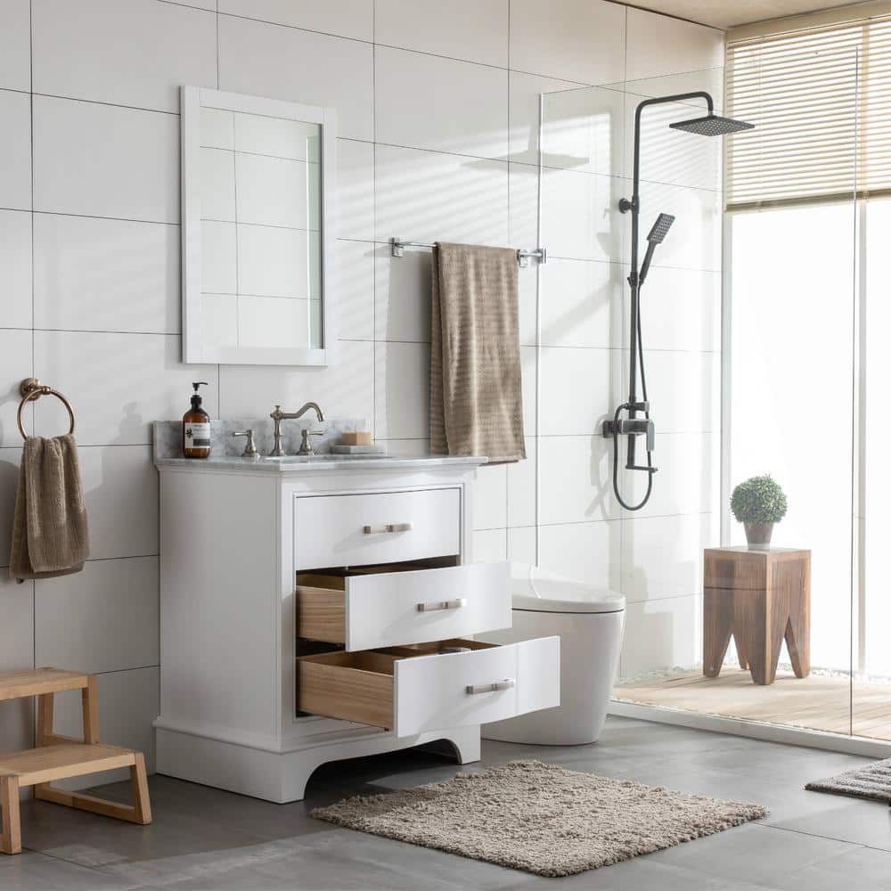 Monroe 30" White Solid Wood Single Vanity with Carrara Marble Top