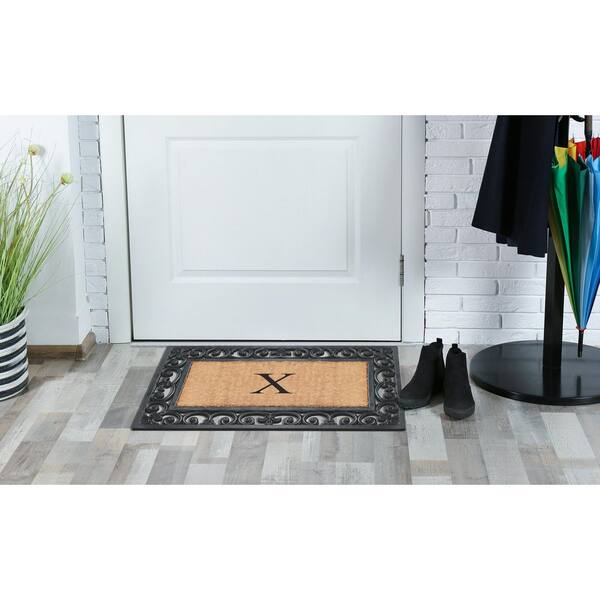 A1 Home Collections A1hc Stylish Leaf Border Black 23 in. x 38 in. Rubber and Coir Large Outdoor Durable Monogrammed G Door Mat