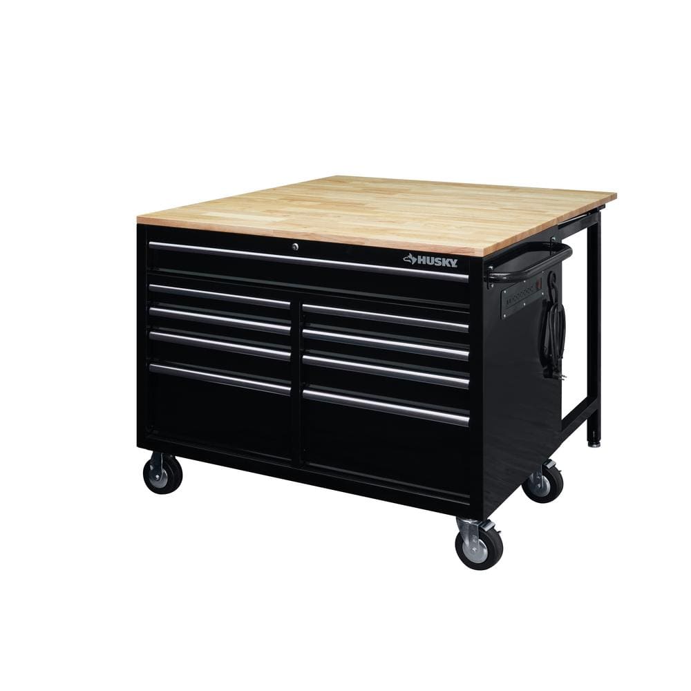 Husky 46 In 9 Drawer Mobile Workbench With Full Length Extension Table And Legs In Black Hotc4609b15m The Home Depot