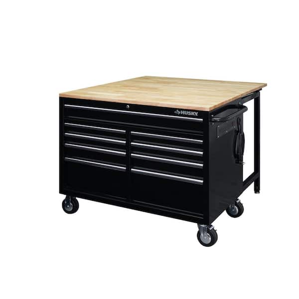 Husky Tool Storage 46 in. W Standard Duty Black Mobile Workbench Cabinet with Solid Top Full Length Extension Table