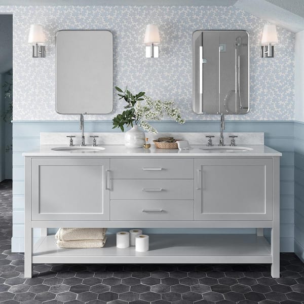 ARIEL Bayhill 73 in. W x 22 in. D x 35.25 in. H Bath Vanity in Grey with Carrara White Marble Top