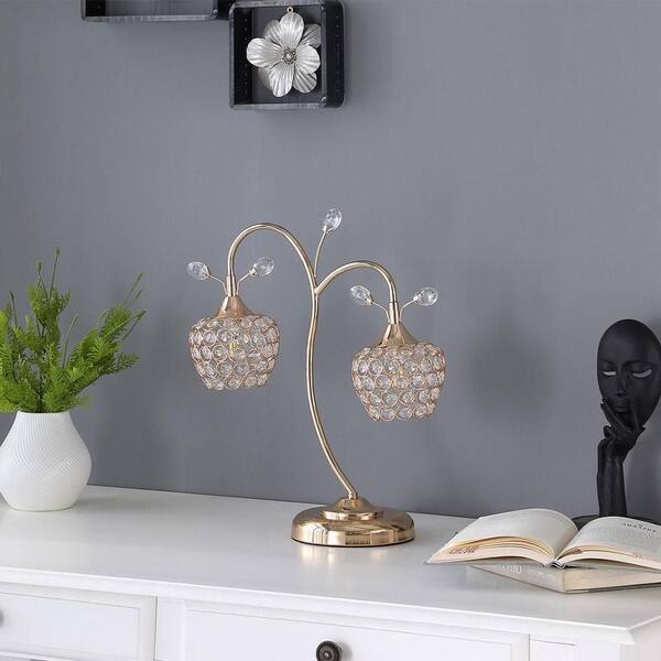 Basdien 17 in. Rose Gold 2-Light Floral Bell Table Lamp with Acrylic Beads and Wire Cage, Decor for Bedroom and Dressing Area