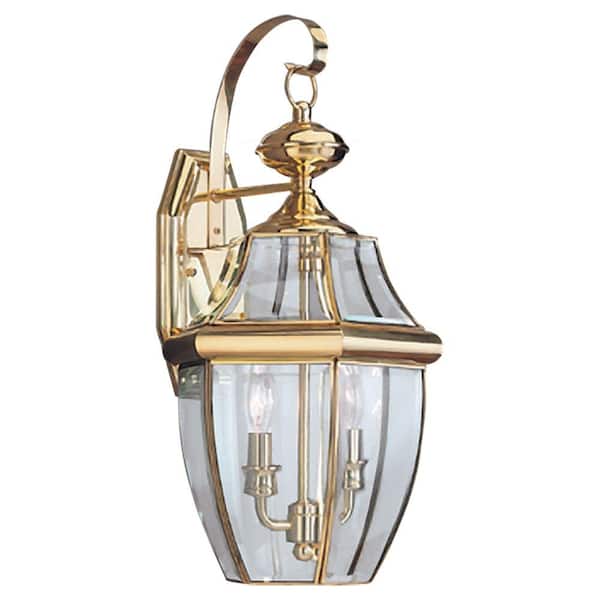 Generation Lighting Lancaster 10 in. W 2-Light Traditional Polished Brass Outdoor 20.5 in. Wall Lantern Sconce with Clear Beveled Glass