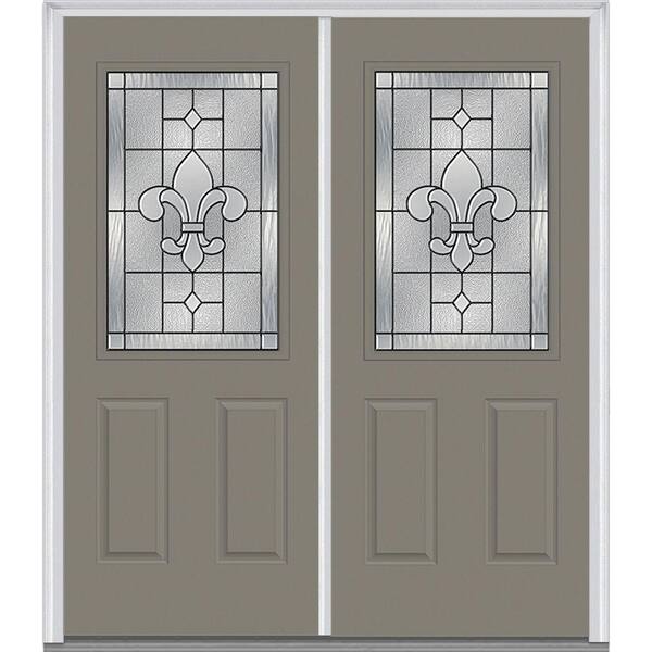 Milliken Millwork 74 in. x 81.75 in. Carrollton Decorative Glass 1/2 Lite Painted Fiberglass Smooth Exterior Double Door