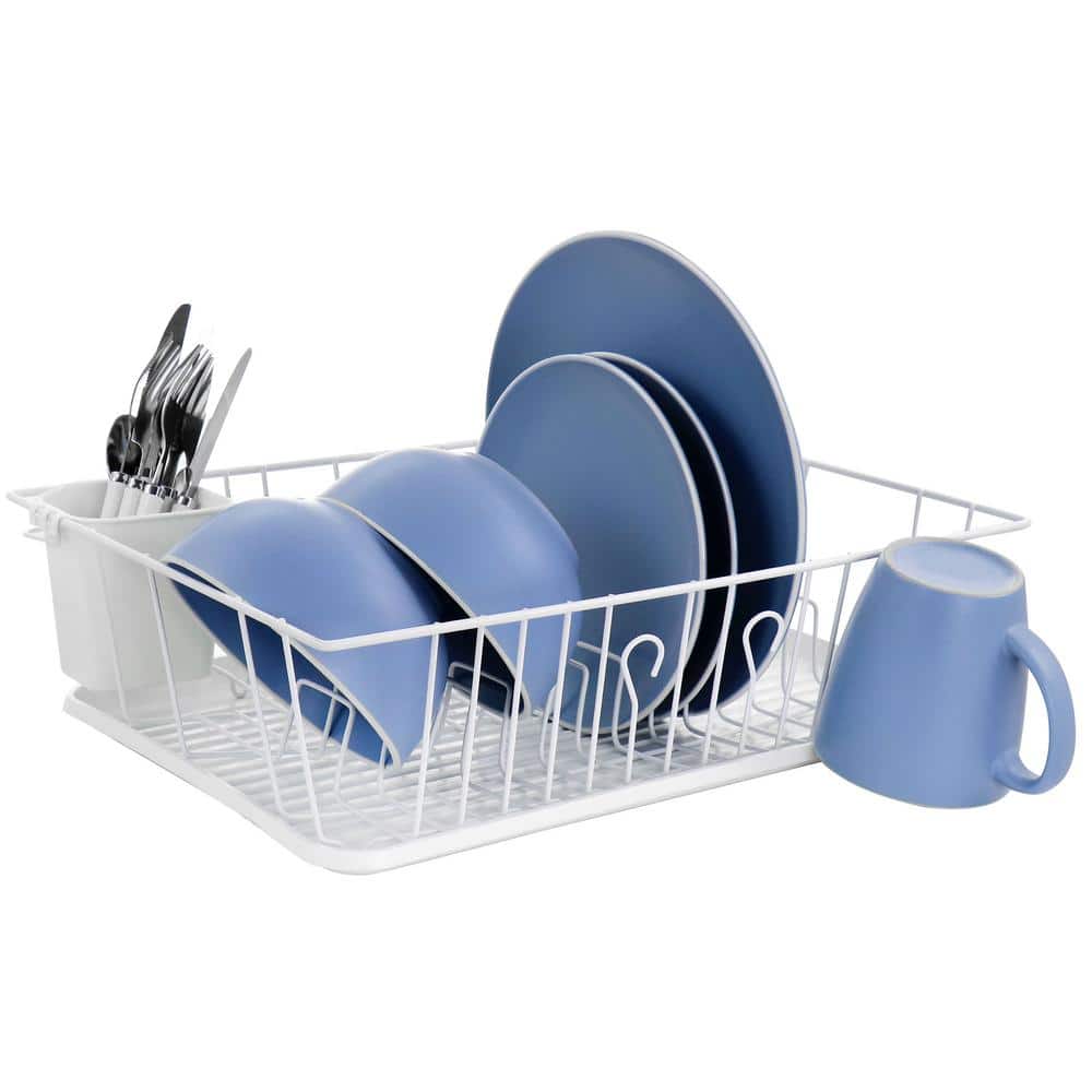 White Metal Single Level Dish Rack with Utensil Cup