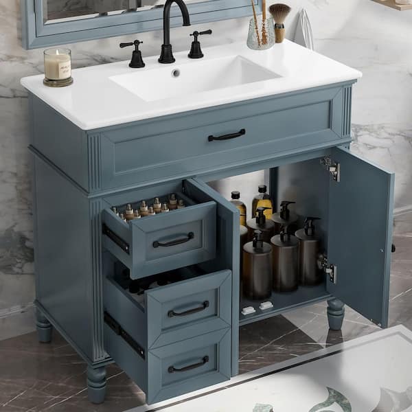36 in. Freestanding Blue Solid Frame Bath Vanity Cabinet with White Ceramic Basin Top and 2 Different Size Drawers