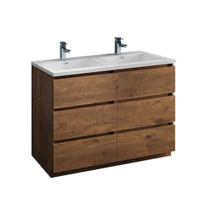Lazzaro 48 in. Modern Double Bathroom Vanity in Rosewood with Vanity Top in White with White Basins