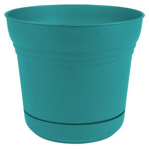 Saturn 12 in. Bermuda Teal Plastic Planter with Saucer