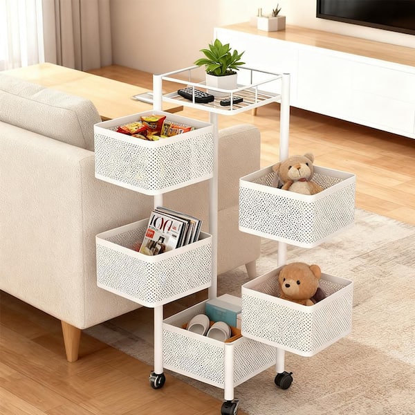5-Tier Rotating Kitchen Storage Shelf-Metal Fruit Veggie Trolley with Wheels, Square Floor-Standing Rack